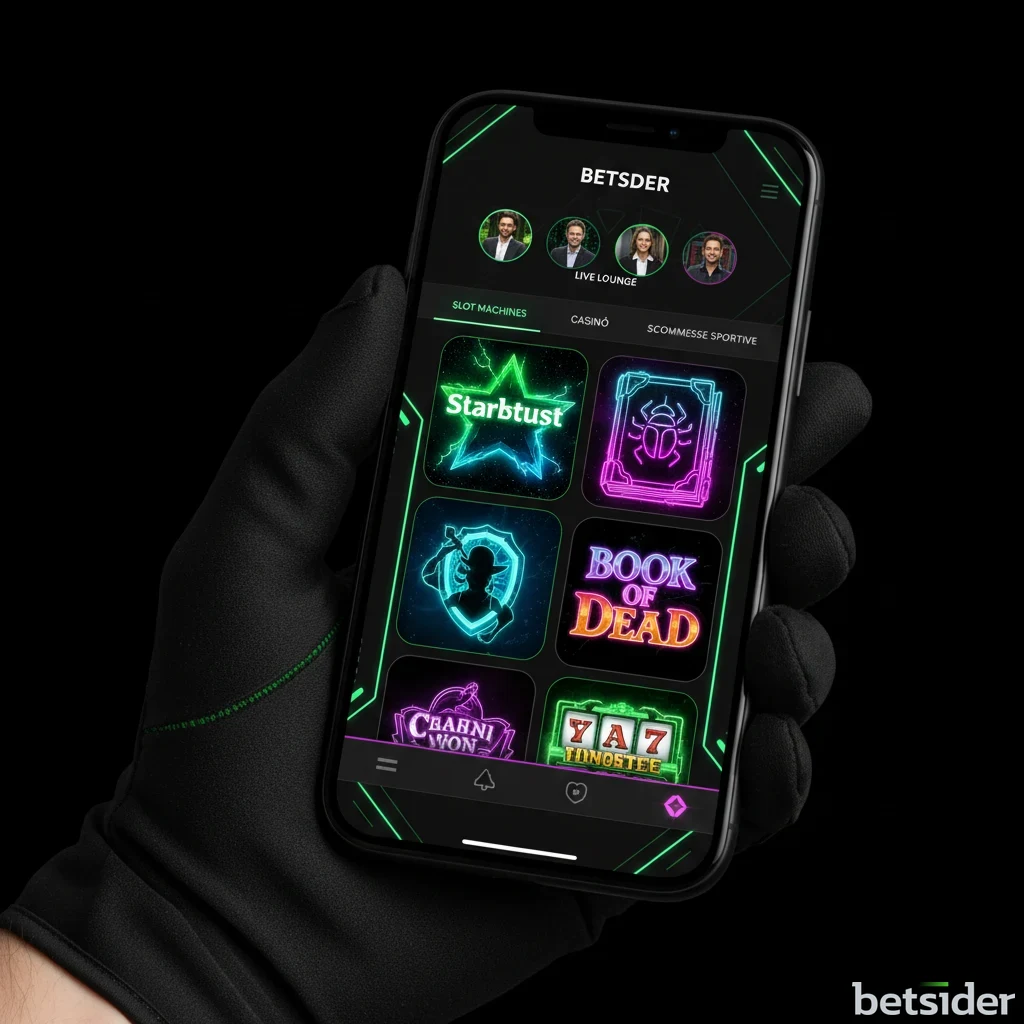 Schermata della lobby del casinò sull'app mobile di Betsider con una selezione di slot machine.