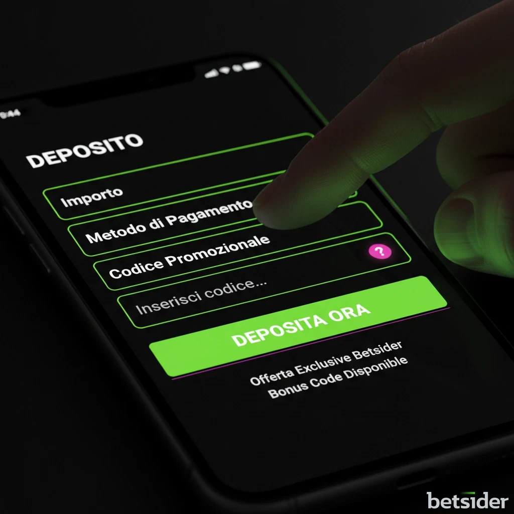 Schermata di un'app di scommesse che mostra dove inserire un codice promozionale Betsider.