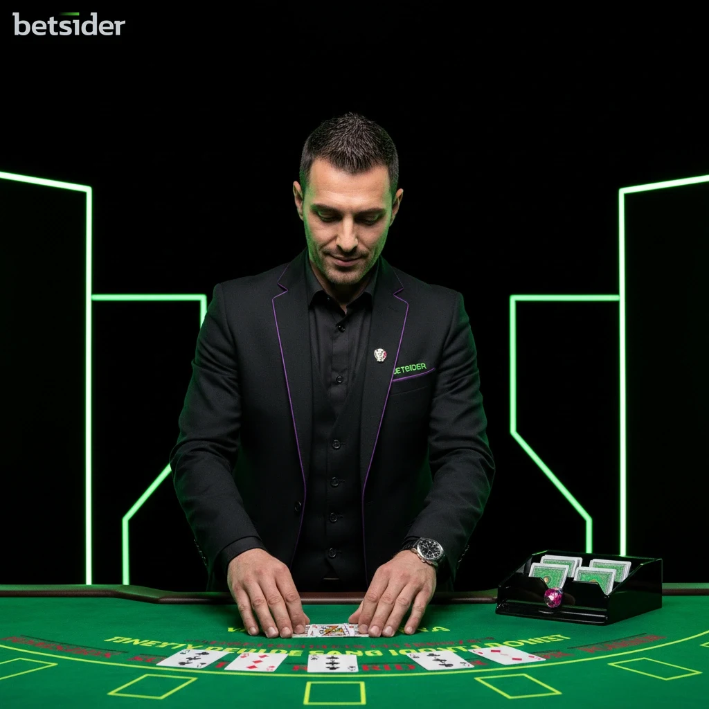 Croupier professionista che mescola le carte a un tavolo di casinò live su Betsider.