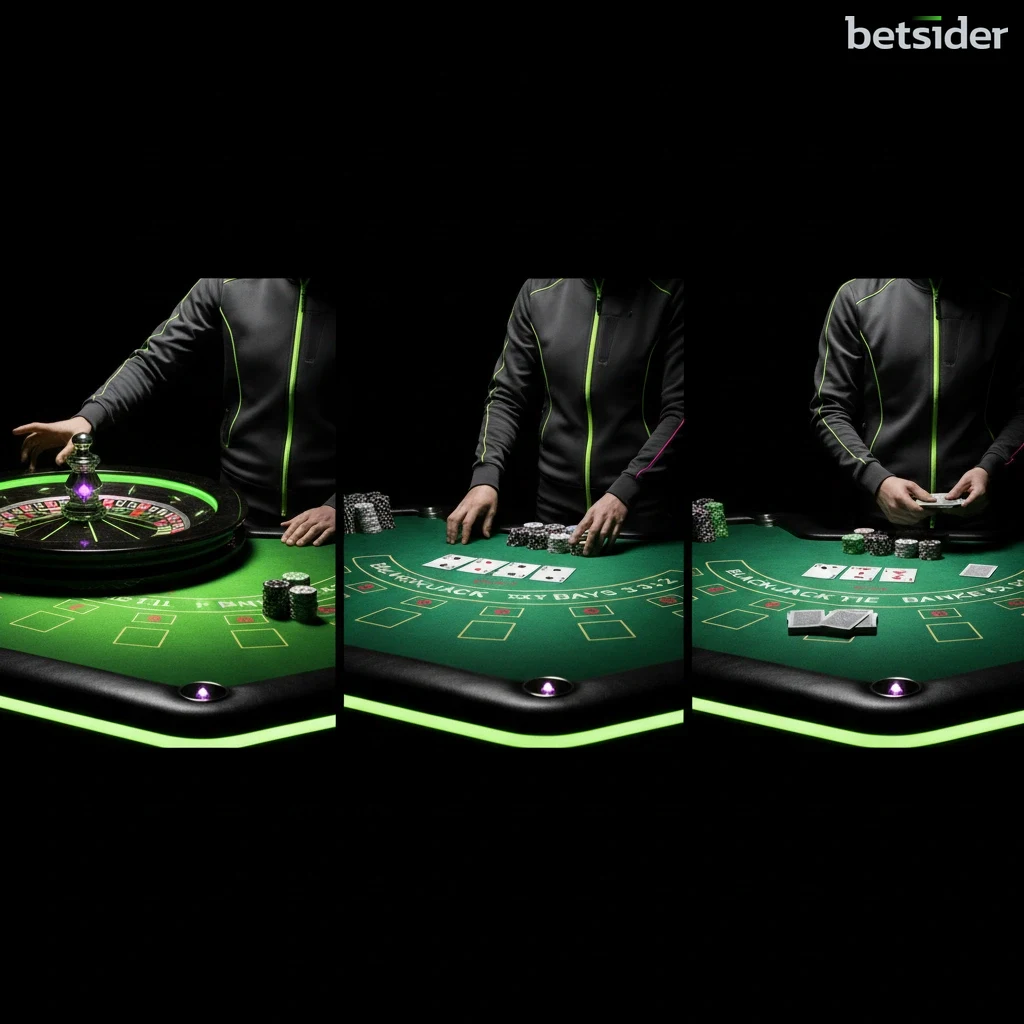 Un montaggio di tavoli da gioco del casinò live: roulette, blackjack e baccarat.